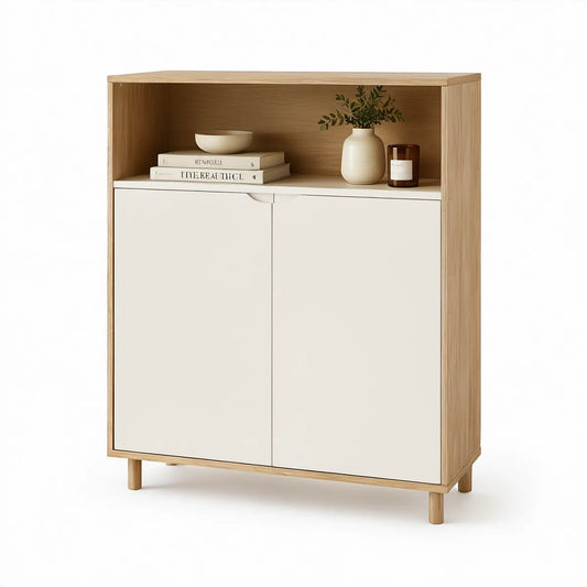 Shoe Storage Cabinet with Open Shelf, 31.5 x 15.7 x 43.3 in, Natural Oak/White