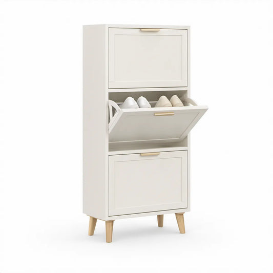 White MDF Shoe Cabinet, 31.5 x 9.5 x 47.2 in, 3 Tilt-Out Compartments with Natural Wood Legs and Gold-Tone Handles