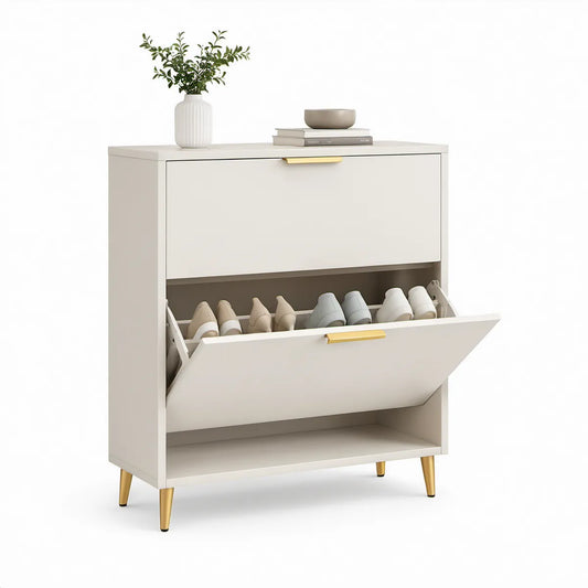 White and Gold Shoe Cabinet with 2 Tilt-Out Drawers and Open Shelf, 31.5 x 11.8 x 39.4 in