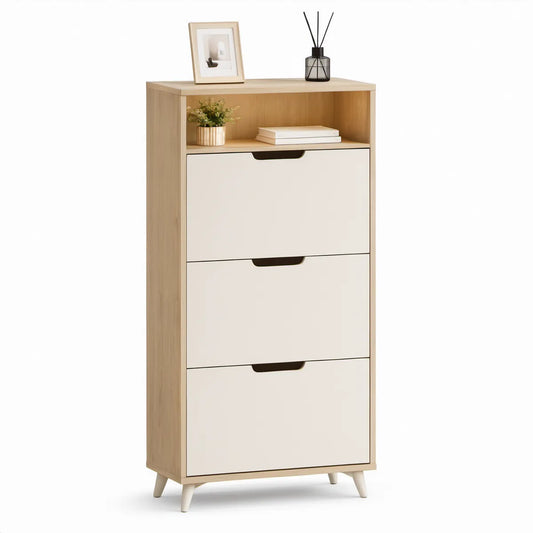 3-Drawer Shoe Cabinet with Open Shelf, 31.5 x 13.8 x 47.2 in, Natural Oak and White